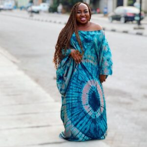 Ocean Mist Off-Shoulder Adire Maxi Dress