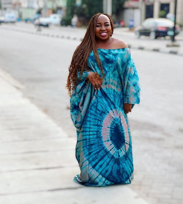 Ocean Mist Off-Shoulder Adire Maxi Dress